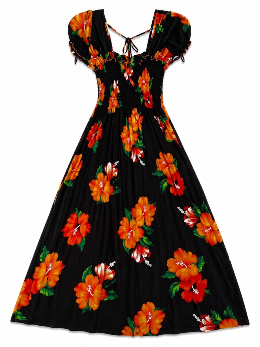 Women Maxi Dress Tropical Floral Smocked Black Orange Rayon OS